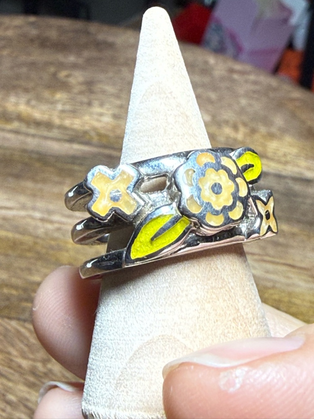 Alan K Silver Ring with Yellow Floral Enamel Accents - Picture 2 of 5